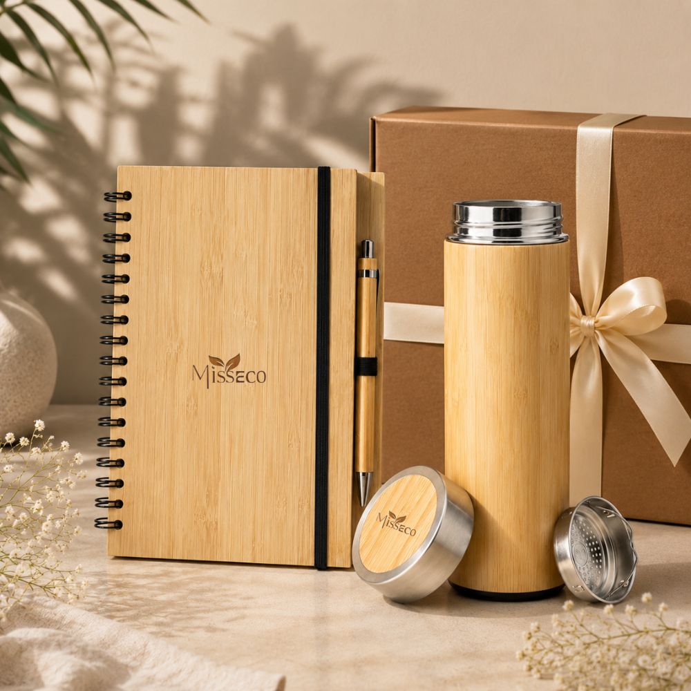bamboo notebook with pen and bamboo bottle