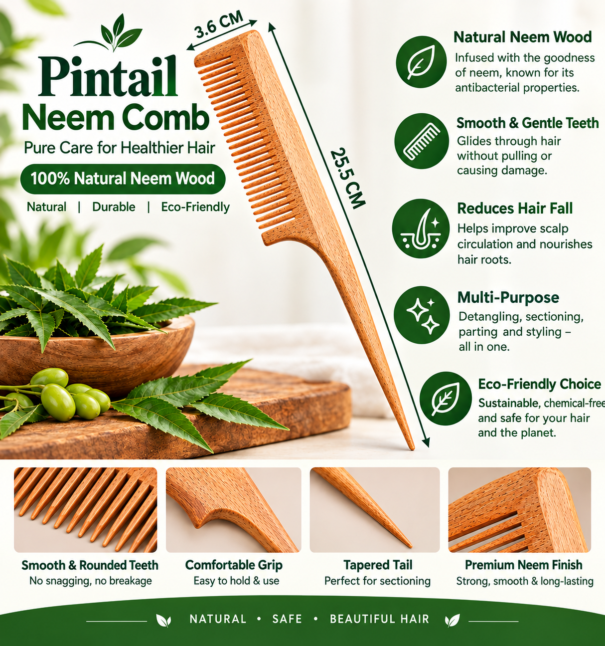 Premium Pintail Neem Wood Comb | Treated with 17 Herbal Oil | Haire Care - Image 3